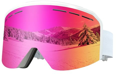 MXJ Gear Occhiali Da Sci,YH359 Antiappannamento Maschera Snowboard,OTG Maschera da Sci,Protezione UV400 Maschera Sci da per Donna&Uomo (Montatura bianca - Lenti rosa VLT 14%)