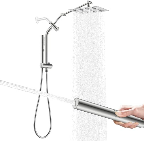 KENES 10 Inch All Metal Rain Shower Head with Handheld Spray Combo, Brushed Nickel High Pressure Rainfall Shower Head wih Adjustable Extension Arm, Dual Showerhead Set with 60 Shower Hose, LJ-6060