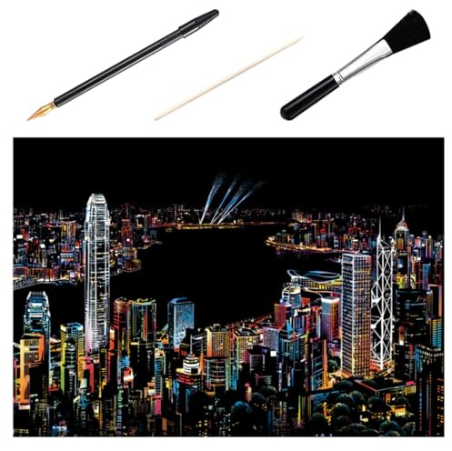 Healeved Kit de Papeles para Raspar para Imagen Ciudad Nocturna Victoria Harbour 4 Piezas Varillas de Bambú Bolígrafo Dorado y Pincel Negro Manualidades Escolares y Creativas