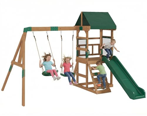 AIYAPLAY Paletta da arrampicata con scivolo da 194,5 cm, 2 altalene, parete da arrampicata, ponte superiore coperto per bambini da 3 a 8 anni, 315 x 284 x 233 cm