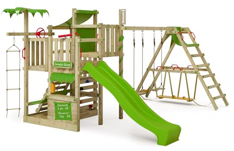 FATMOOSE Spielturm Klettergerüst CrazyCoconut Club XXL mit Surfanbau, Rutsche & Plane, Outdoor Kinder Kletterturm mit Sandkasten, Leiter & Spiel-Zubehör für den Garten (apfelgrün)
