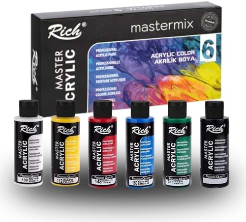 Rich Mastermix Acrylfarben-Set – 6 Farben x 60ml – Weiß, Gelb, Rot, Grün, Dunkelblau, Schwarz – Hochwertige Acrylfarben für Kunst- und Bastelprojekte, Schnell-Trocknend, Nicht Verblassend, Ungiftige