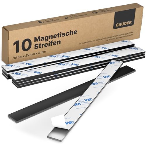 GAUDER Magnetic Strips (Pack of 10) | Adhesive Magnetic Strips | Magnetic Strips Self-Adhesive | Magnetic Tape (4 mm x 25 mm x 30 cm)