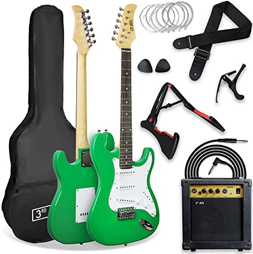 3rd Avenue XF Full Size 4/4 Electric Guitar Ultimate Kit with 10W Amp, Cable, Stand, Gig Bag, Strap, Spare Strings, Picks, Capo – Green