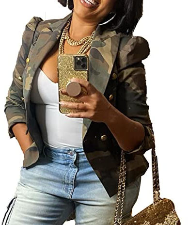 Symina Camo Jacket for Women Lapel Long Sleeve Open Front Cardigan Classic Pockets Overcoat Outwear