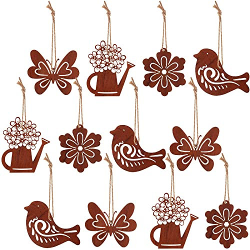 EBOOT 12 Stück Vintage Hängedeko Rost Metall Gartendeko Ostern Metallanhänger Deko Vogel Blumen Gießkanne Schmetterling Deko Figur Osterdeko zum Aufhängen mit Seil für Hause Outdoor Wandkunst