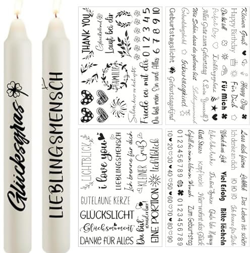 4 Bogen Kerzen Tattoo Folie A4 Kerzensprüche Kerzenaufkleber LIEBLINGSMENSCH Happy Birthday Geburtstag Kerzentattoos Dekorative Kerzen Wasserschiebefolie für Stabkerzen Basteln DIY