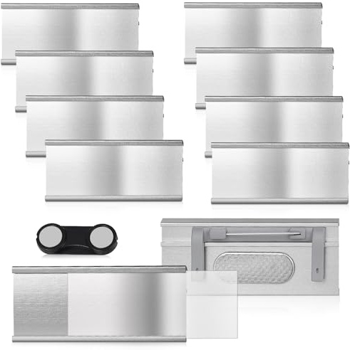 EFUTURETIME 10 x namnskyltar för klädmagnet med nål för fastsättning, 72 mm x 31 mm aluminium namnskyltshållare med pappersinsättning för arbete, utställning, restaurang, skola
