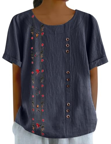 Onsoyours Chemisier Femme Chic et élégant Chemise en Coton Lin à Manche Courte Fleurs Décontracté Blouse Ample Printemps Eté Tunique Col Rond Casual Top avec Boutonnée D Marine XL