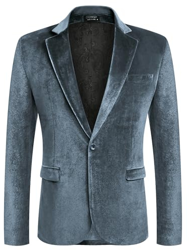 Coofandy Men's Velvet Blazer Notched Lapel Velour Suit Jacket One Button Tuxedo Jackets for Wedding Prom Party Dinner, Stone Blue, XL