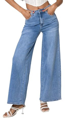 Nina Carter YY300 Jeans da donna a vita alta a gamba larga svasati elasticizzati effetto used, L szczupły