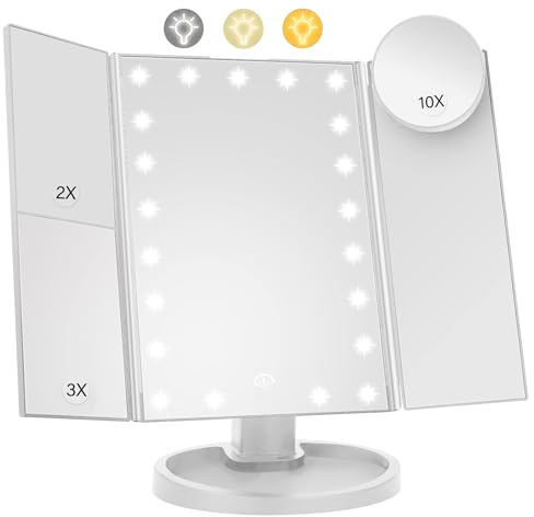 Lighted Makeup Mirror with 22 LED Lights, Dual Power Supply 1x/2x/3x/10x Magnifying Touch Screen Dimmable Mirror, 180 Degree Adjustable Angle, Travel Cosmetic Mirror - White
