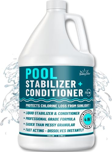 BubbyShine, Estabilizador de piscina – Estabilizador de piscina de ácido cianúrico, estabilizador de cloro líquido para productos químicos de piscina, estabilizador de acondicionador de piscina