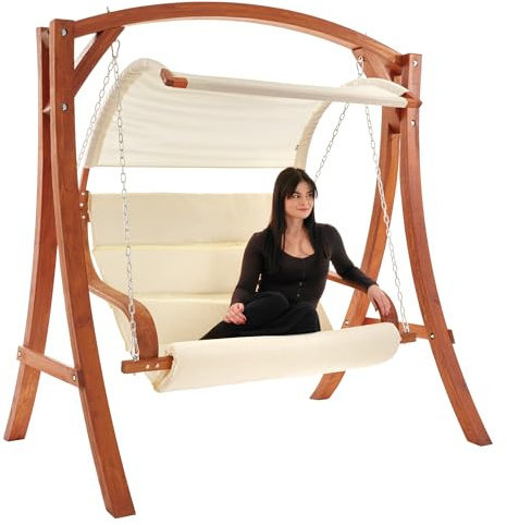 di volio Hollywoodschaukel Pergia, Gartenschaukel aus Holz, Outdoor Hängesessel mit Gestell für 2 Personen, mit Sonnendach, wetterfest & robust (Creme)