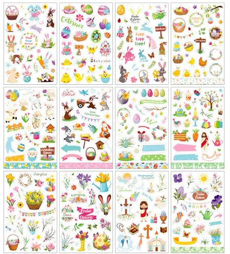 DPKOW 24 Blatt Deutsch Ostern Sticker Set für Basteln, DIY Scrapbook, Fotoalbum - Aufkleber mit Ostereier, Hasen und christlichen Abziehbildern