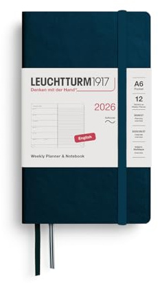 LEUCHTTURM1917 372698 - Agenda settimanale & quaderno per appunti, formato tascabile (A6) 2026, copertina morbida, Deep Sea, lingua inglese