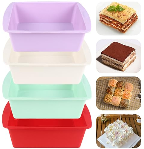 LGQUK Lot de 4 moules à gâteau carrés de 15,2 cm, moules à gâteau en silicone antiadhésif, pour brownies, pain, lasagnes et gâteaux, pour four, micro-ondes, congélateur et lave-vaisselle (4 couleurs)
