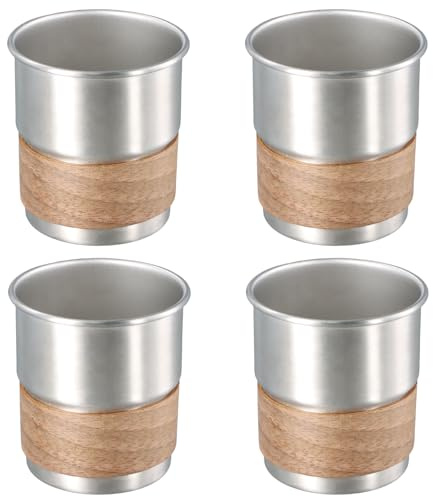 Rieoany Taza de Acero Inoxidable con Funda de Madera, 4 Piezas 300ml Vaso Cerveza Taza Camping Reutilizable, Ligera Vaso Cafe para Llevar, Vasos de Agua Apilable para Campamentos Viaje Fiesta