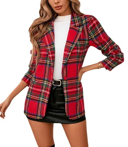 Blazer De Mujer - Blazer De Cuadros para Mujer Estilo Vintage Navideño Estampado Tartán Chaqueta De Traje A Cuadros Solapas De Muesca Un Botón Corte Entallado Abrigo para Otoño E Invierno Inform