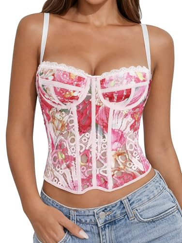 LEACOOLKEY Corsetto per Donna Top Bustier Sexy in Pizzo e Mesh Che Escono Top Corto con Spalline per Uscite Serate Appuntamenti e Feste,M,Rosa