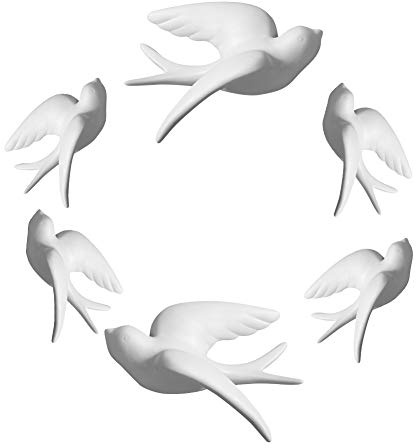 Dorlotou, Set di 6 sculture da parete in ceramica bianca con uccelli, colombe, passeri, rondini, decorazione da appendere per camera da letto, soggiorno, giardino, sculture da parete