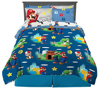 Super Mario Bros Kids Bedding Super Soft Cozy Comforter and Sheet Set with Sham, 7 Piece Full Size Nintendo Gamer Bed Set, (100% Officially Licensed Product) by Franco
