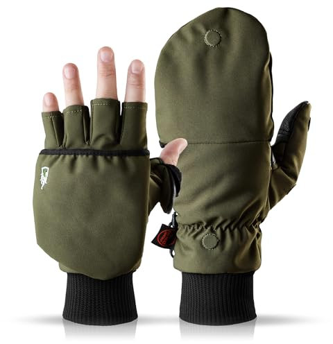 Heat 2 Fingerlose Handschuhe und Fäustlinge Kombination, warme Winterhandschuhe gegen den Wind und Kälte im Winter – Sporthandschuhe, Fahrradhandschuhe Damen, Herren – Grün, 9, Medium