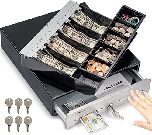 Volcora 13 Manual Push Open Cash Register Drawer for Point of Sale (POS) System - Black with Stainless Steel Front Touch Panel - with 4 Bills and 5 Coin Slots, Fully Removable Money Tray