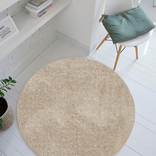 Carpet Studio Maine Teppich, rund, 130 cm Durchmesser, weich, Wohn- & Schlafzimmer, pflegeleicht – Beige