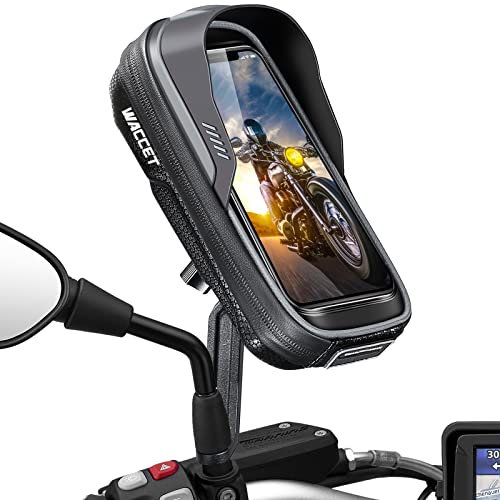 WACCET Handyhalterung Motorrad Rückspiegel Roller Motor Handyhalterung Wasserdicht 360° Drehbar Abnehmbar mit Touchscreen Sonnenblende Motorrad Handyhalter für 4,5-6,8 Zoll Smartphone (Grau)