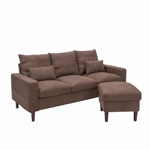 Panana 3 Seater Sofa with Footstool, L shape Corner Sofa Upholstered Linen Fabric Sofa Couch, Brown 3 Seater