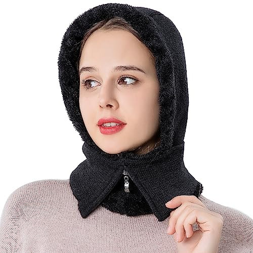 WANYIG 3 in 1 Strickmütze Fliegermütze Winddichte Winter Thermo Gesichtsmaske Sturmhauben Skimaske Damen Nackenwärmer Schlauchschal(08 Schwarz)