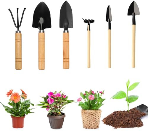 Mini Juego de Herramientas Manuales de Jardinería, 6 Piezas de Pala de Jardín Pequeña, Juego de Herramientas de Jardín, Mini Plantas de Jardín, Mini Mango de Madera, Mini Pala, Rastrillo