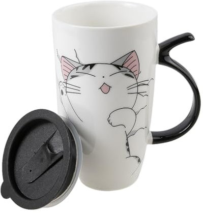 lachineuse Funny Cat Taza de 600 ml – Taza grande XXL de porcelana blanca – Taza de té y café japonesa – con tapa aislada – Taza gigante