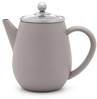 Bredemeijer Doppelwandige Teekanne 0.5 Liter - kleine isolierende Edelstahlkanne grau mit Glasdeckel & Tee-Filter Sieb-Einsatz - ideal für lose Teesorten