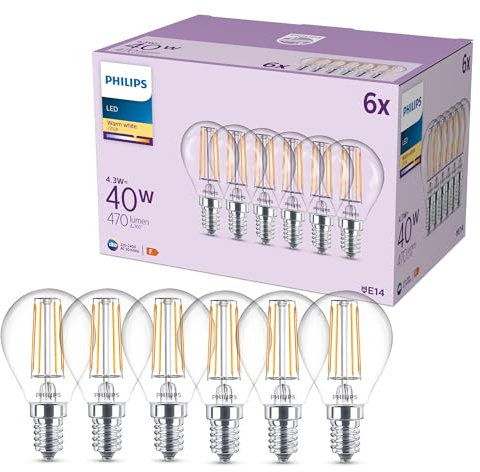 Philips classic P45 LED Lampe, 40 Watt, klar, E14 Sockel, 2700 K warmweißes Licht, 6er Pack