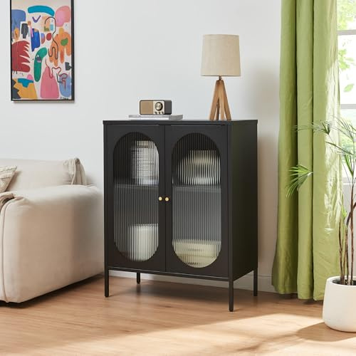 [en.casa] Aparador Karlskrona 2 Puertas con Cerradura Magnética Armario Multiusos con Tiradores Redondos y Estante 102x80x40 cm Acero/Cristal Acanalado - Negro Mate