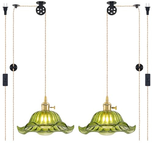 Plug in Pendant Light Vintage 2 Pack, Adjustable Pulley Hanging Lamp with Green Lily Glass Shade, Brass Hanging Lights with Plug in Cord for Kitchen, Compatible with Indoor Plant Grow Light Bulbs
