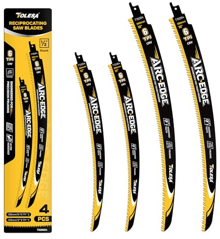 TOLESA 12&15in. Japanese Teeth Reciprocating Saw Blade, Arc Edge Wood Pruning Saw Blades 6TPI for Tree Trimming, Wood Cutting, Durable & Sharp, 4-Pack