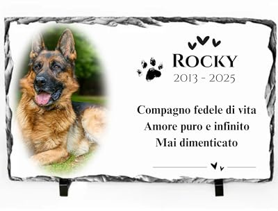 Lapide per Cani Commemorativa in Pietra Ardesia Personalizzabile con Foto, Nome, Date e Messaggio - Supporto Incluso - Resistente Esterno/Interno