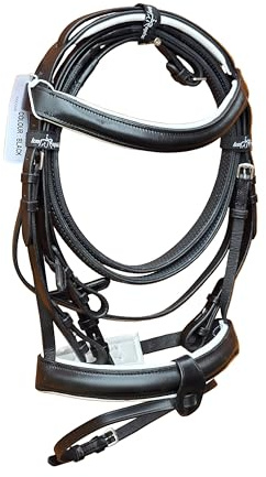Bonfire Comfort Horse Bridle Black And White Premium Leather with Padded 1.5 Inch Noseband Raised Browband Detachable Flash Strap Stainless Steel Fittings and Leather Rubber Grip Reins (Cob)