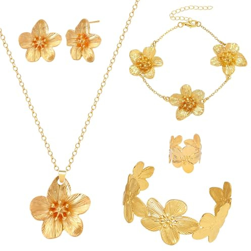 ZhouWei 5 Pièces Parure Bijoux Femme, Ensemble Collier Boucle D'oreille Bracelet avec Bracelets et BaguesVintage Set Parure Polyvalent, Bijou Idéal pour les Evénements et au Quotidien