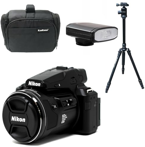 KamKorda Camera Bag + Flash + Tripod + P950 4K Digital Compact Camera, 16MP 1/2.3 BSI CMOS Sensor, 83x Optical Zoom Lens, Dual Detect Optical Vibration Reduction, Built-In Wi-Fi and Bluetooth