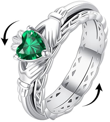 VONALA Emerald Claddagh Ring Fidget Anxiety 925 Sterling Silver Spinner Rings for Women Anti Stress Mood Jewelry Gifts Wedding Band Wide 7#