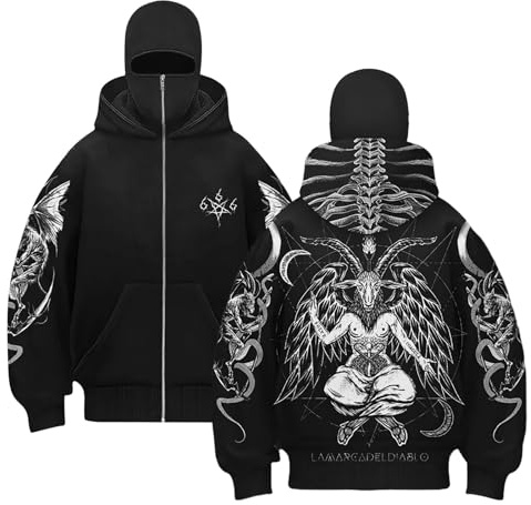 QJDFLL Cagoule à Capuche pour Homme et Femme, Style années, avec Masque dissimulé et Fermeture éclair, Veste Polaire Coupe-Vent surdimensionnée pour Moto, extérieur et mi-Saison(Black,M)