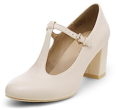 DREAM PAIRS Low Chunky Heels for Women T-Strap Mary Jane Pumps Wedding Dress Shoes DPU211,Size 7,Nude/pu,DPU211