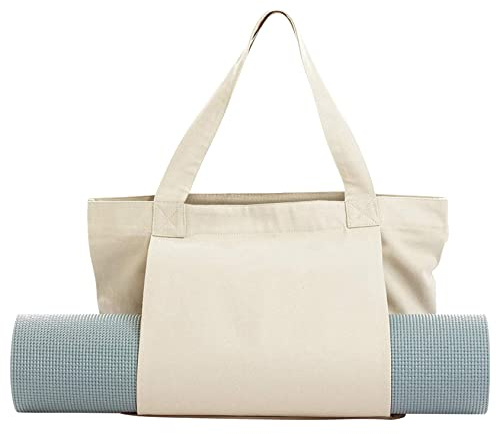 Xrkuu Yoga Bags With Mat Carrier Pilates Tote Bag yoga Block for Women, Canvas Shoulder Bag with Pocket For Gym, Office, Travel, Beach, Workout, Sports, Fits Small Yoga Mat Holder (Off Whtie)