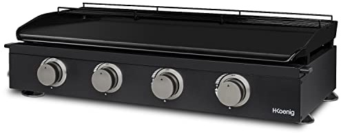 H.Koenig Plancha de asar a gas PLX1042, 4 Quemadores U Acero inoxidable, Plancha de asar de fundición esmaltada, Alimentación de gas propano o butano, Distribución uniforme del calor, hasta 350°C