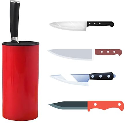 Space Saving Knife Storage Block | Free Standing Kitchen Counter Work Top Knife Holder | Cylinder Slot Design | Stylish Practical | Red | Kitchen Utensil Organiser | Sturdy and Durable