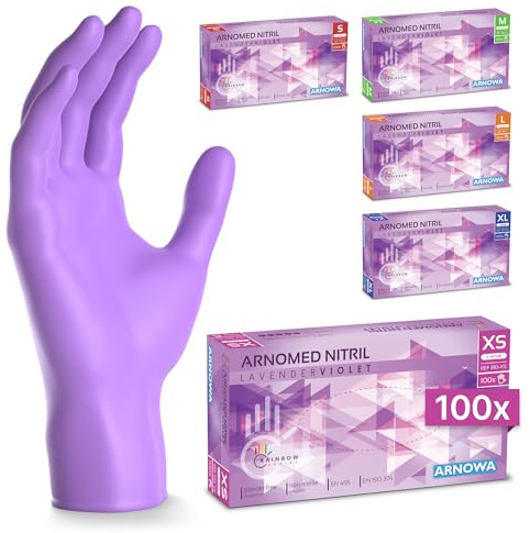 ARNOMED 100x Guanti nitrile XS Viola, Guanti monouso senza polvere e lattice, Guanti plastica usa e getta dermanytril, Per cucina, pulizia casa, alimenti e tattoo XS, S, M, L, XL
